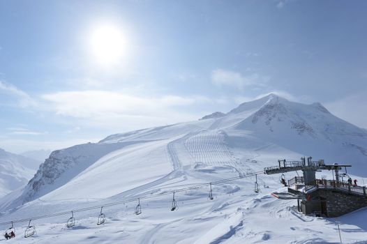 Ski lift station in mountains at winter, Val-d'Isere, Alps, France