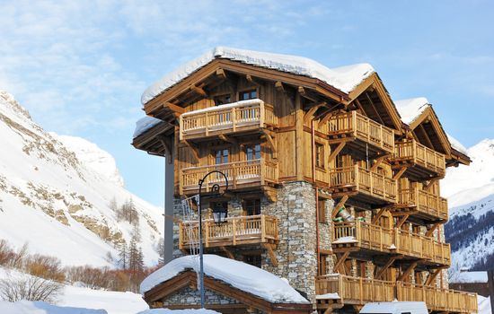 Mountain ski resort with snow in winter, Val-d'Isere, Alps, France