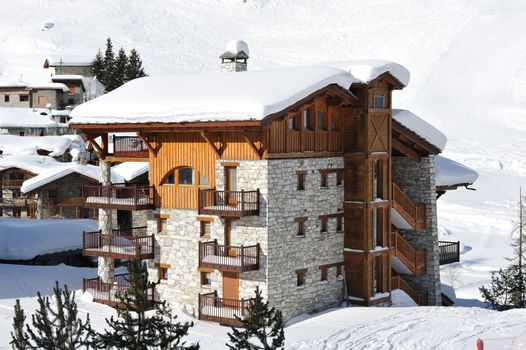 Mountain ski resort with snow in winter, Val-d'Isere, Alps, France
