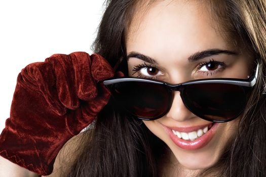 Portrait of the smiling young woman in sunglasses