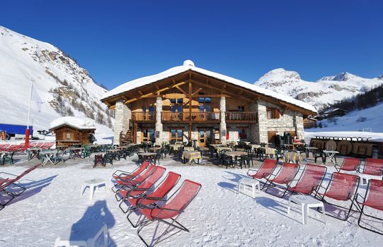 Mountain ski resort with snow in winter, Val-d'Isere, Alps, France
