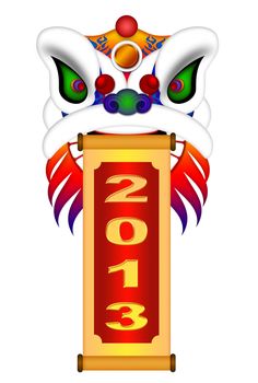 Chinese Lion Dance Colorful Ornate Head and Scroll with New Year 2013 Numerals Illustration Isolated on White Background