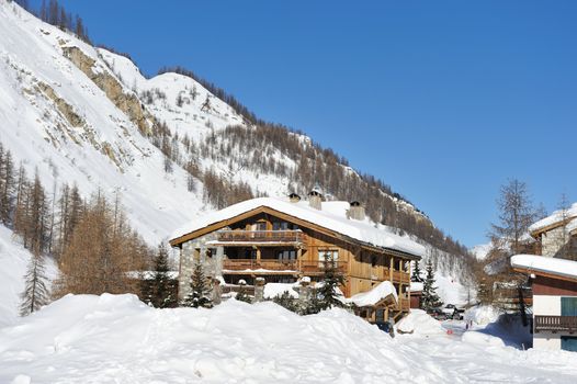 Mountain ski resort with snow in winter, Val-d'Isere, Alps, France
