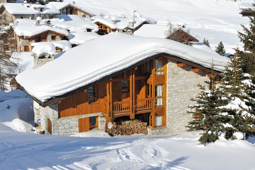 Mountain ski resort with snow in winter, Val-d'Isere, Alps, France