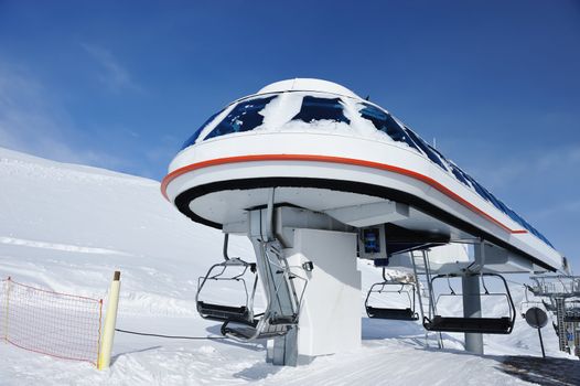 Ski lift station in mountains at winter, Val-d'Isere, Alps, France