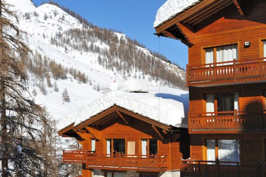 Mountain ski resort with snow in winter, Val-d'Isere, Alps, France