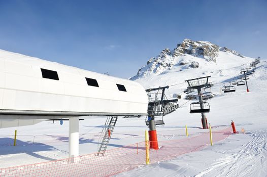 Ski lift station in mountains at winter, Val-d'Isere, Alps, France