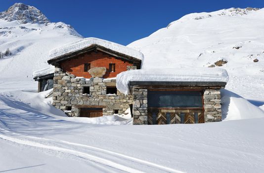 Mountain ski resort with snow in winter, Val-d'Isere, Alps, France