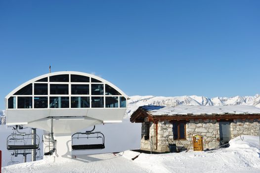 Ski lift station in mountains at winter, Val-d'Isere, Alps, France