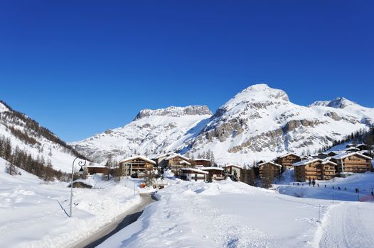 Mountain ski resort with snow in winter, Val-d'Isere, Alps, France