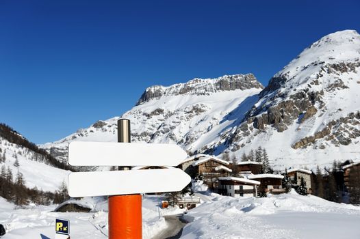 Mountain ski resort with snow in winter, Val-d'Isere, Alps, France