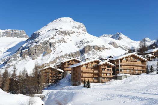 Mountain ski resort with snow in winter, Val-d'Isere, Alps, France