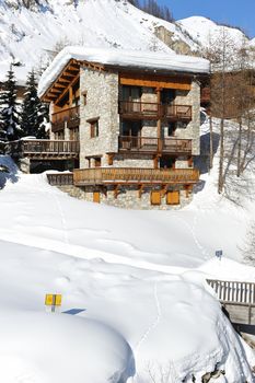 Mountain ski resort with snow in winter, Val-d'Isere, Alps, France