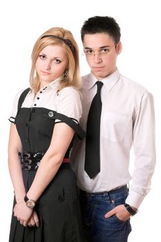 Portrait of pretty student pair. Isolated on white