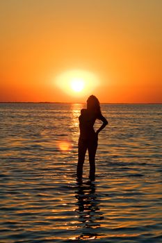 Silhouette of the young woman on a gulf on a sunset
