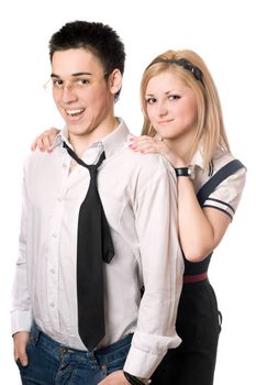 Portrait of cheerful student pair. Isolated on white