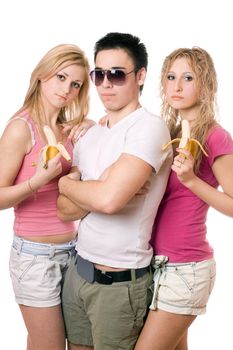 Portrait of three pretty young people. Isolated