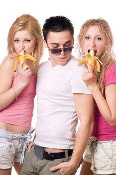 Portrait of three playful young people. Isolated