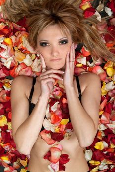 Portrait of pretty blonde lying in rose petals