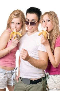Portrait of three playful smiling young people. Isolated