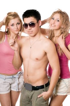 Portrait of a two beautiful blonde women with handsome young man