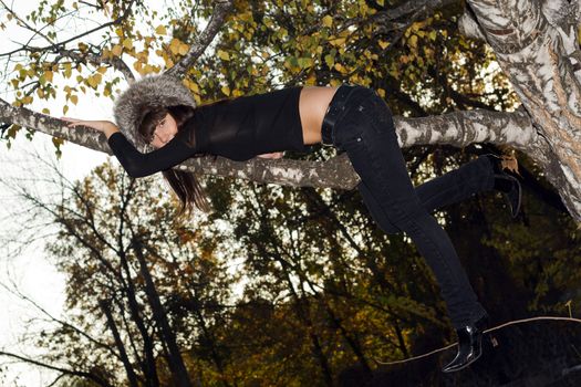 The young woman hanging on a birch branch. A funny picture