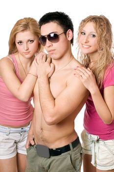 Two pretty blond women with handsome young man