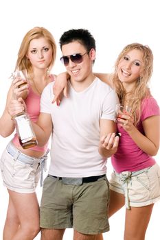 Two pretty blonde woman and young man with a bottle