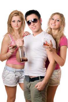 Young people with a bottle of whiskey. Isolated