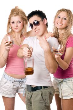 Joyful young people with a bottle of whiskey