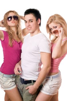 Portrait of a two playful blonde women with handsome young man