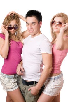 Portrait of a two blonde women with handsome young man
