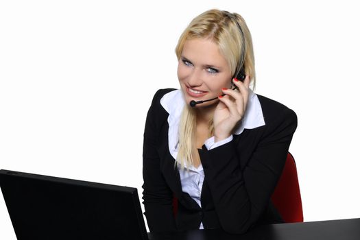 happy young customer service operator, working on computer