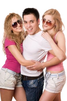 Portrait of a two cheerful women and handsome young man