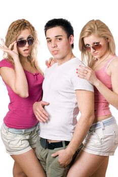 Portrait of a two passionate blonde women with handsome young man