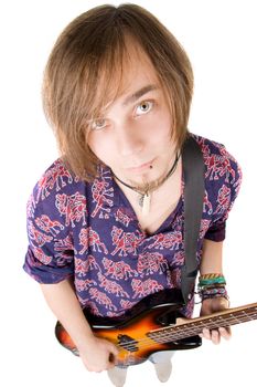 The young man with a guitar over white