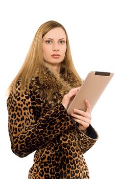 Attractive young blonde lady with the tablet pc
