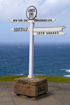 The famous Land's End sign in Cornwall, England.