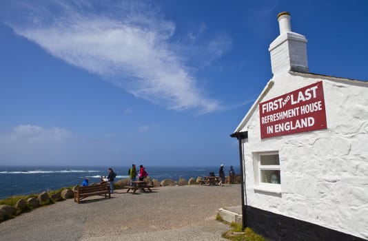 The First and Last Refreshment House in England - located at Land's End in Cornwall.  The Longships Lighthouse can bee seen in the distance in the Atlantic Ocean.