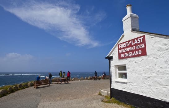 The First and Last Refreshment House in England - located at Land's End in Cornwall.  The Longships Lighthouse can bee seen in the distance in the Atlantic Ocean.