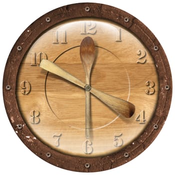Old grunge clock with ladles - concept lunch time on white background
