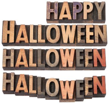 Happy Halloween - collage of isolated text in vintage letterpress wood type, different layouts