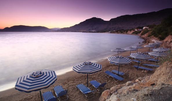 Sunset over Pefkos beach in Rhodes in Greece