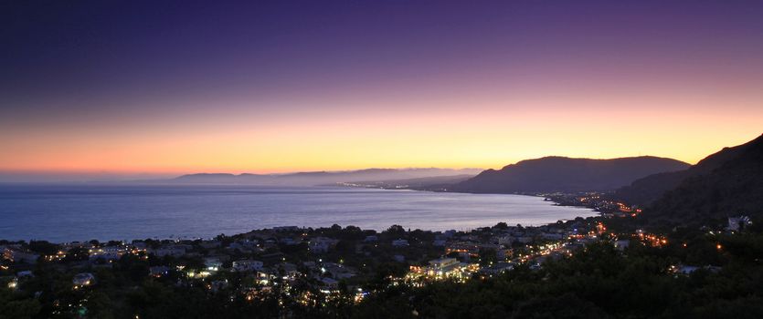 Panoramic Sunset over Pefkos village in Rhodes in Greece