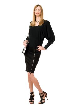 Young blonde in black  in full length