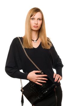 Blonde in black with the black purse