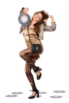 Expressive young woman with vinyl disc in a hands