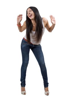 The happy beautiful young woman in jeans. Isolated