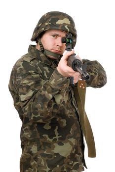 Armed soldier aiming svd in studio. Isolated