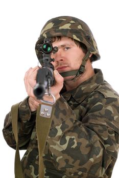 Armed man with svd in studio. Closeup